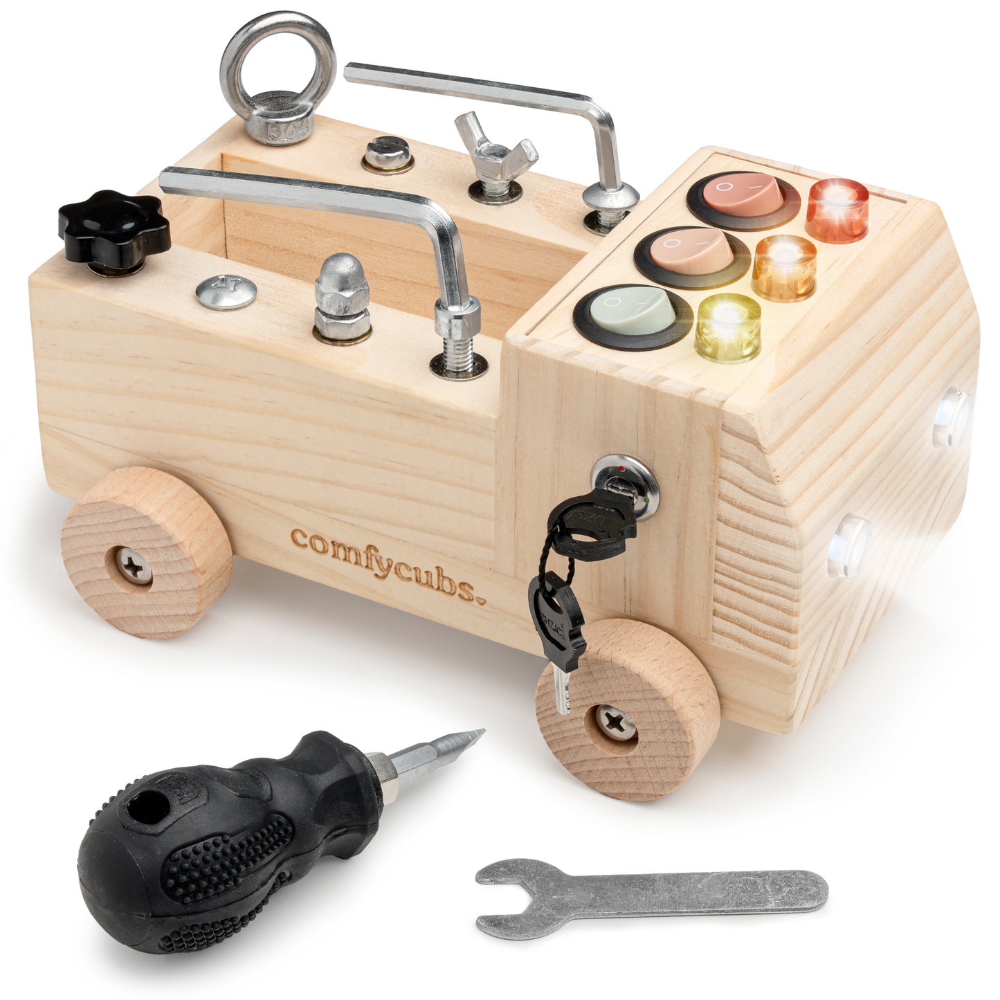 Busy Board Toy Truck Set for 3+ - Natural Wood