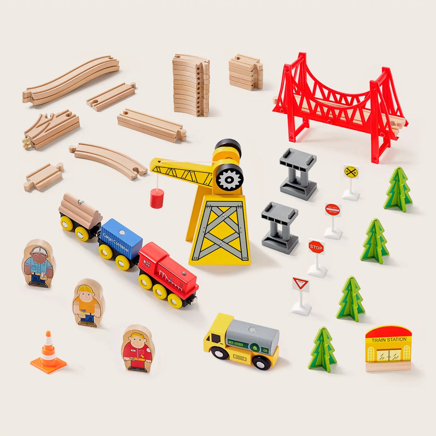Tiny Land® Wooden Track Trains 55 Pcs - Kidtoycart