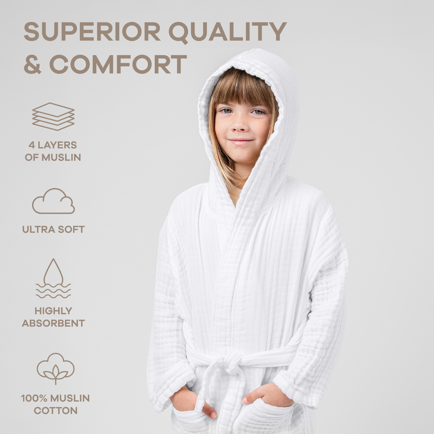 Muslin Bath Robe for Kids, White by Comfy Cubs