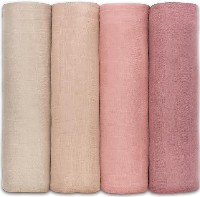 Muslin Swaddle Blankets, 4 Pack by Comfy Cubs - Cream, Blush, Bold Blush, Mauve