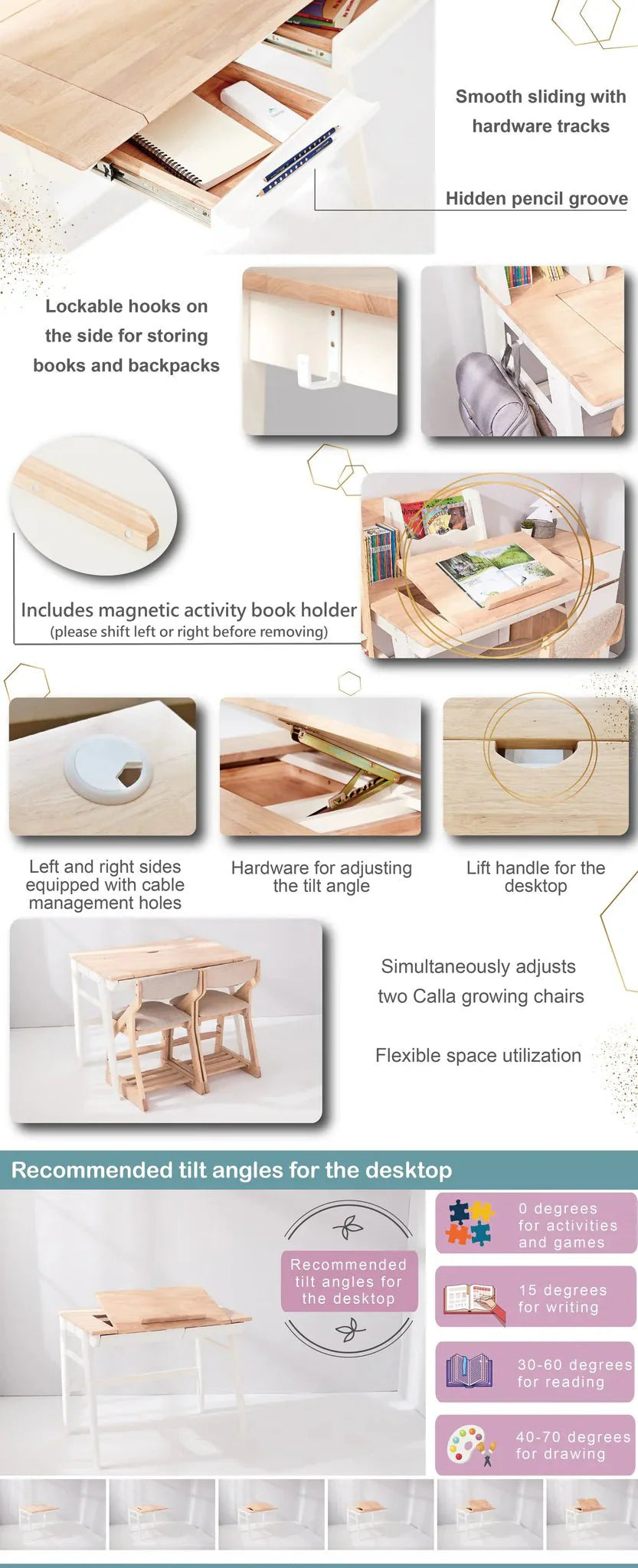 Calla Adjustable Solid Wood Growth Desk with Easel - Rubberwood Construction - Natural Color - Storage Drawers