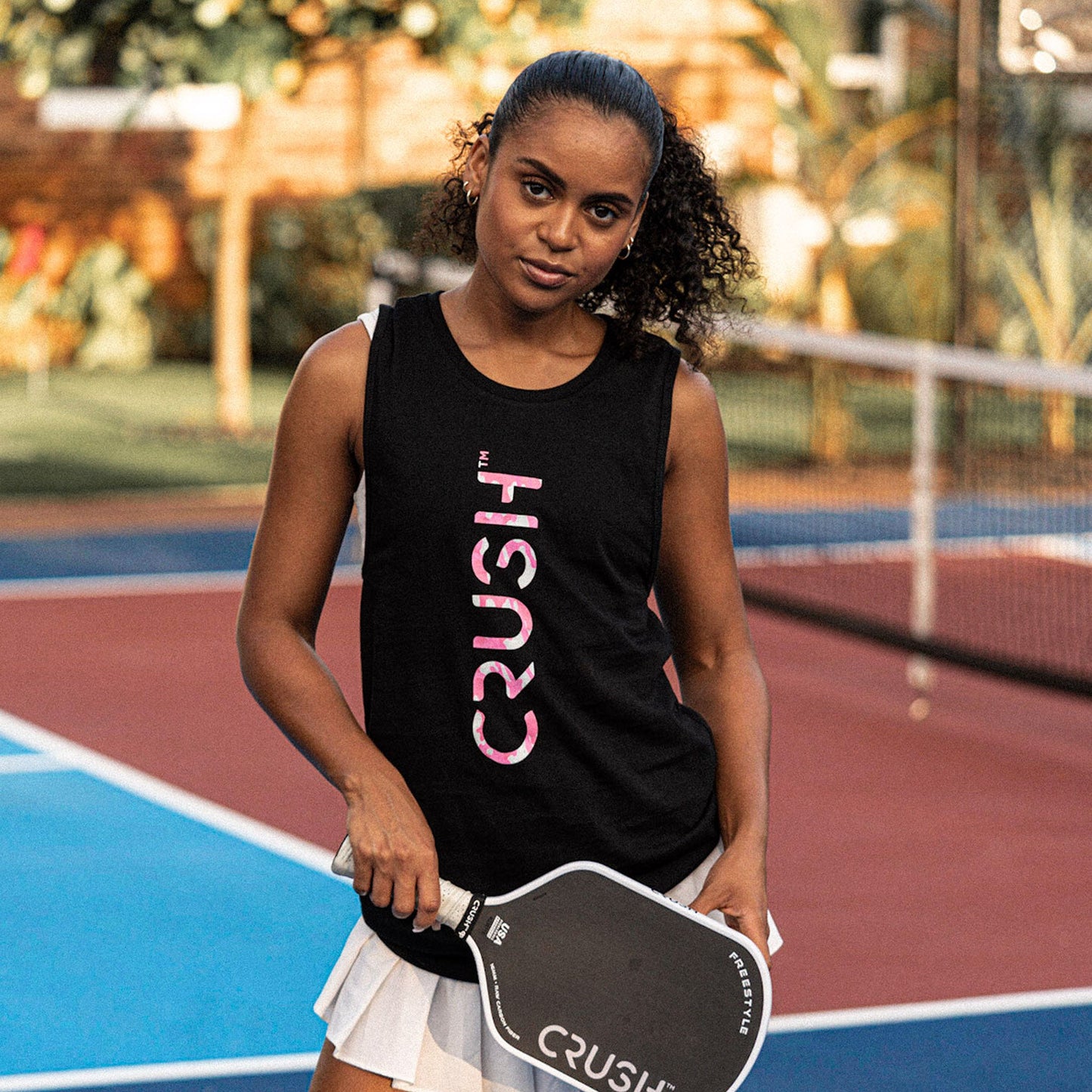 CRUSH Hot pink camo Logo Black Muscle Tank (women's)