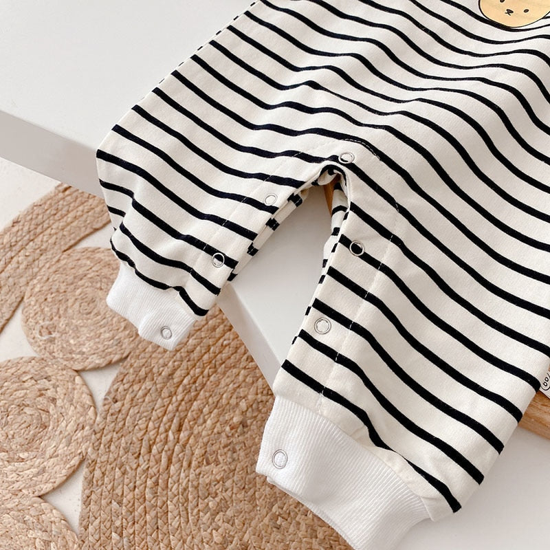 Bear Face Print Striped Romper