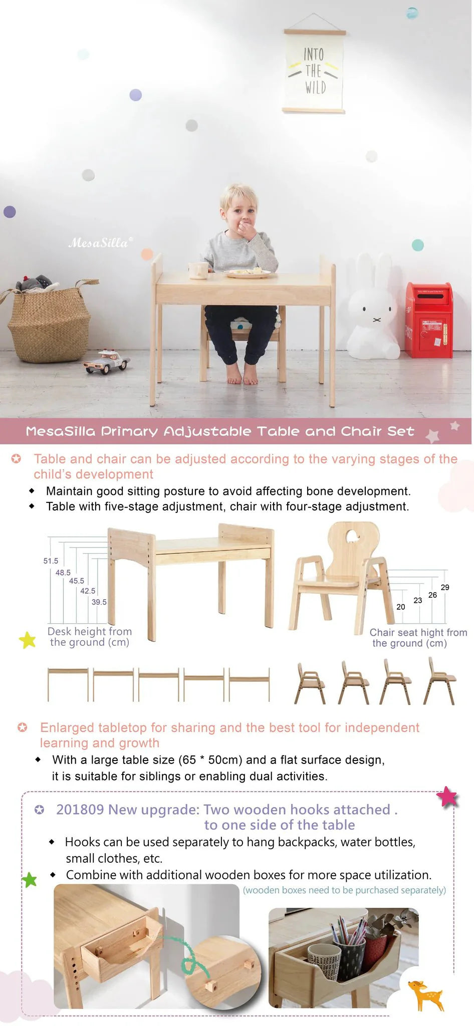 Mesasilla Primary Adjustable Table Set - with drawer-Bear Elephant Car Rabbit Star - Height Adjustable