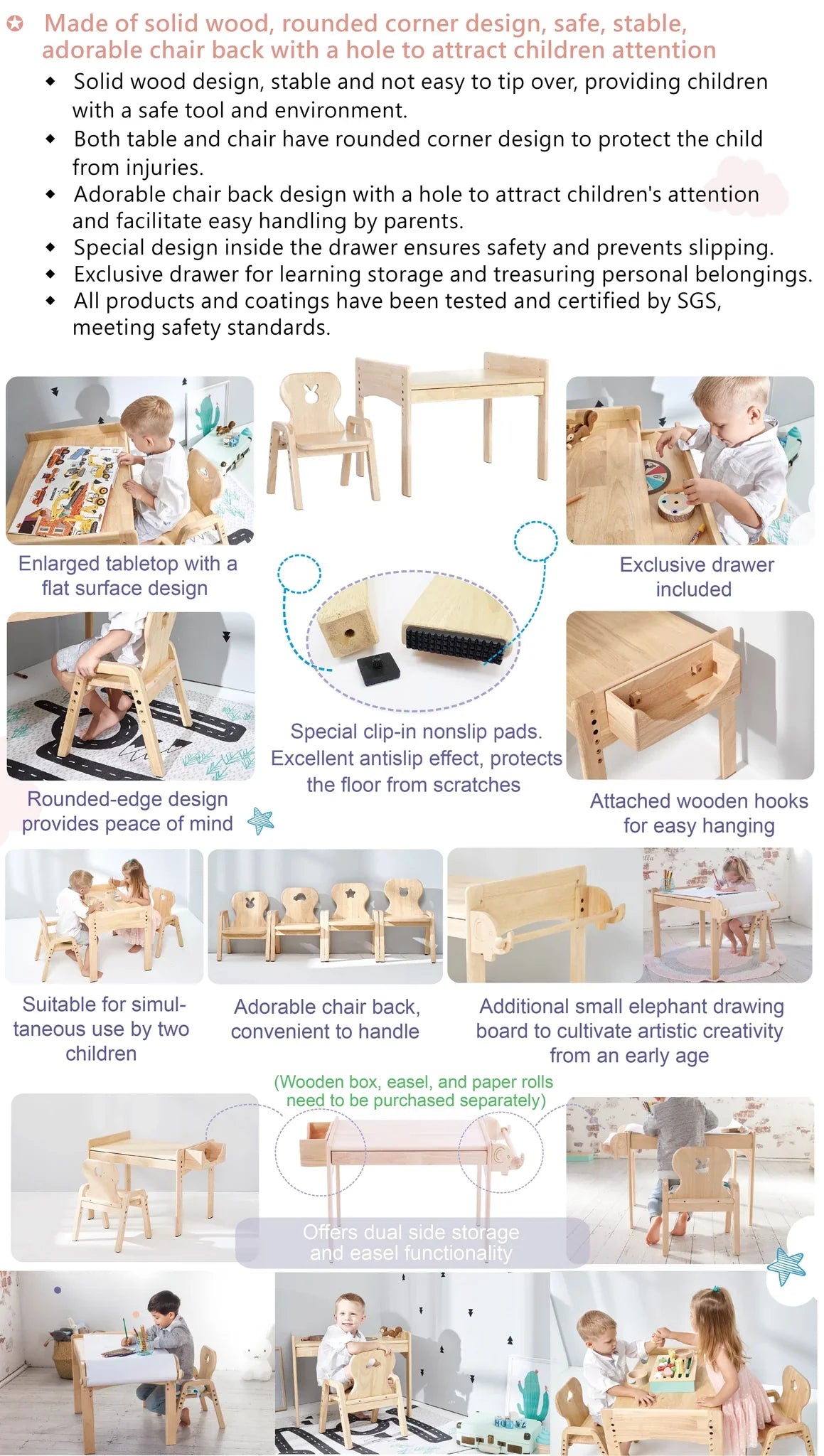 Mesasilla Primary Adjustable Table Set - with drawer-Bear Elephant Car Rabbit Star - Height Adjustable