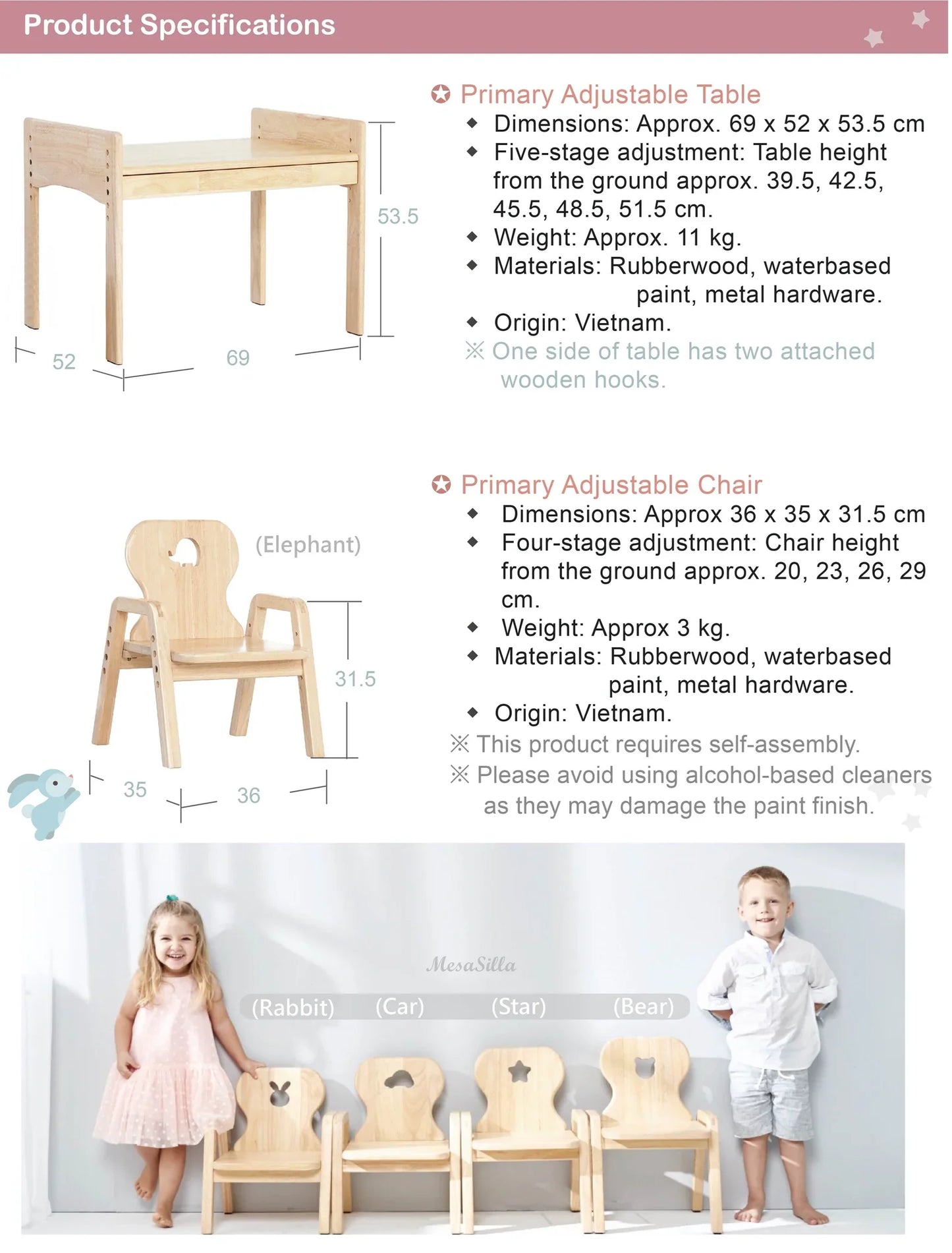 Mesasilla Primary Adjustable Table Set - with drawer-Bear Elephant Car Rabbit Star - Height Adjustable