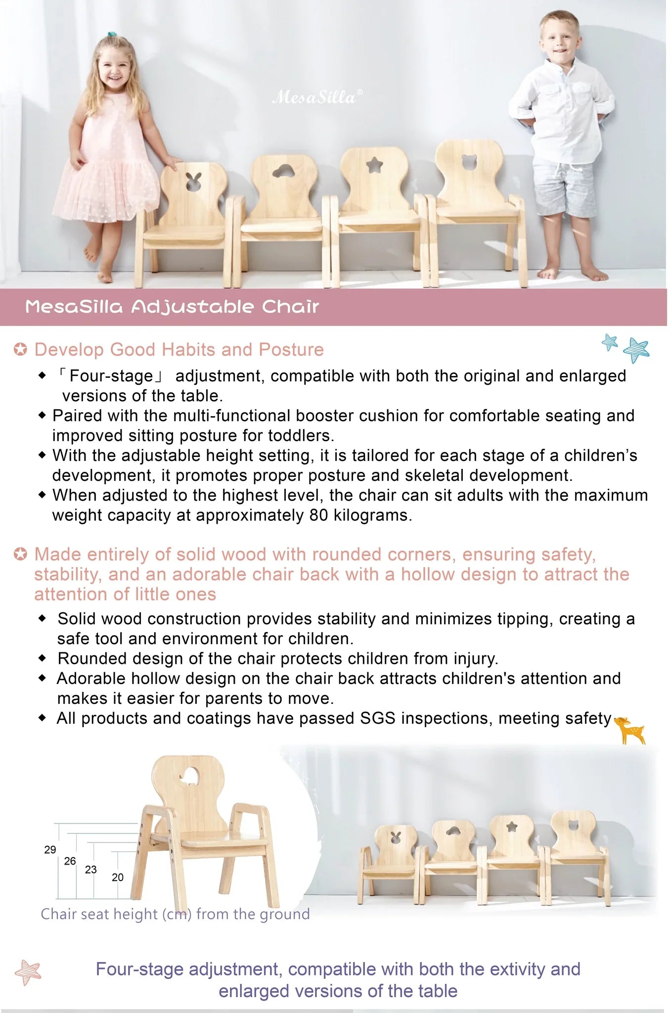 Mesasilla Adjustable Wooden Kids Chair - Ergonomic, Height-Adjustable, Solid Wood | 4 Height Options