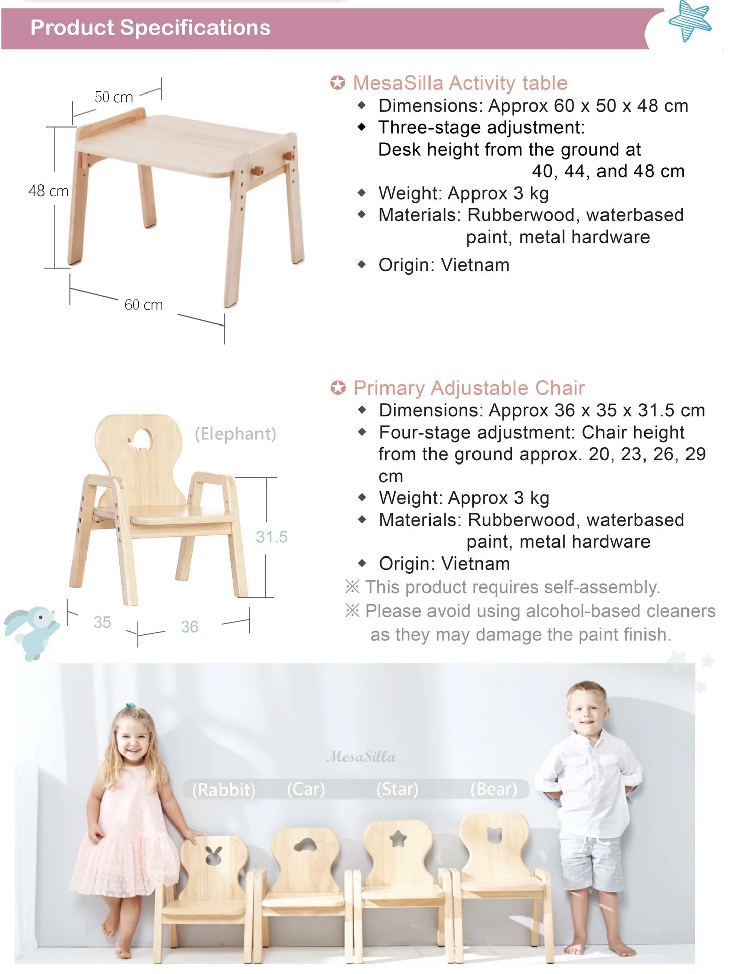 Mesasilla Kids Activities Table Set with Bear, star ,Elephant, Car,and Rabbit - Includes Chair