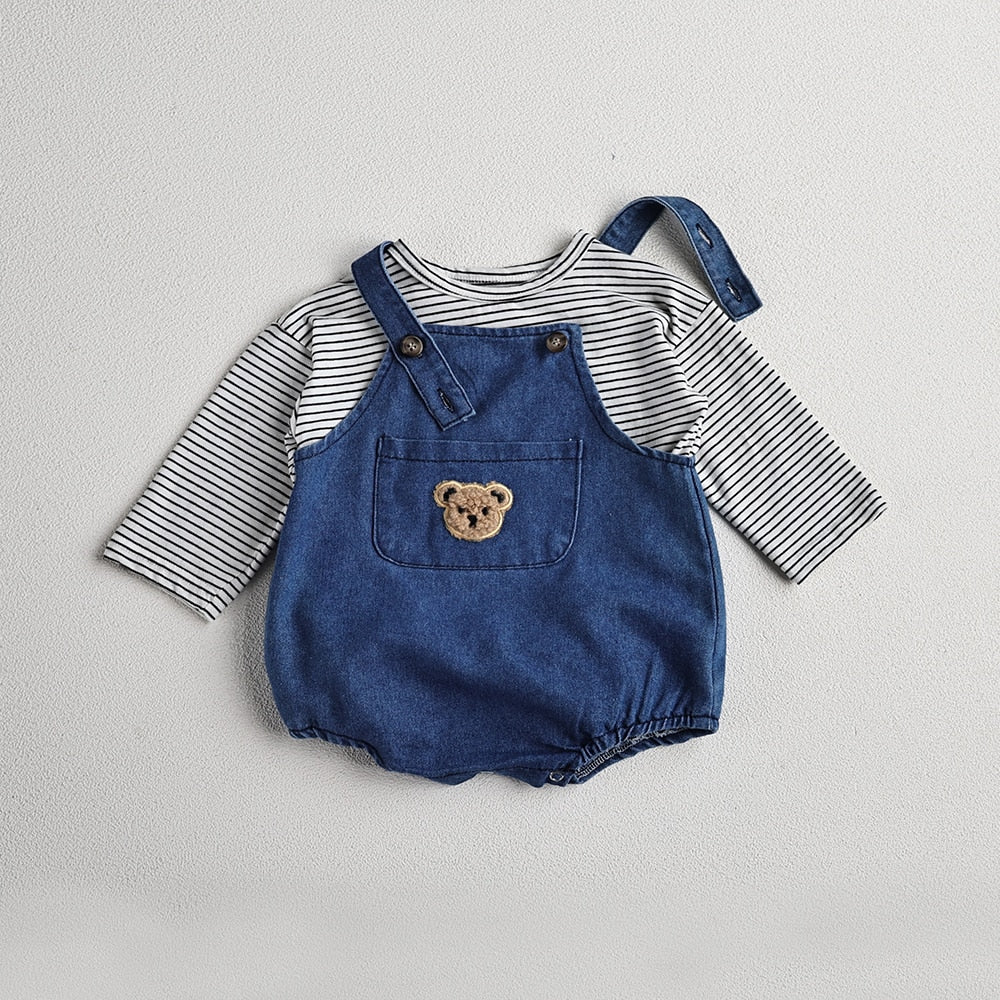 Teddy Bear Denim Jumpsuit with Striped Top Set