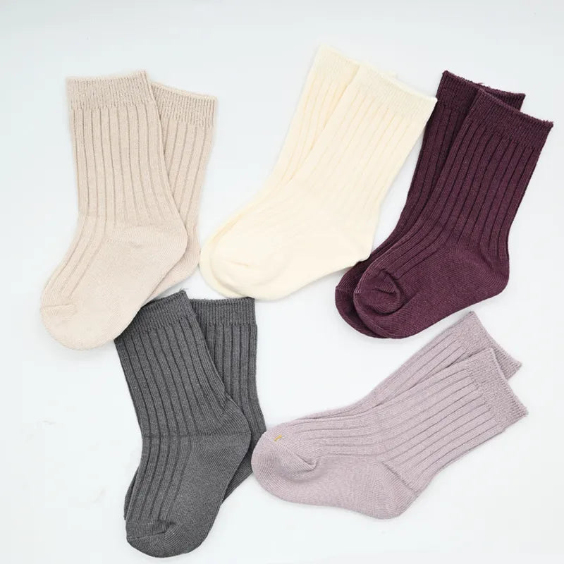 5 Pairs Ribbed Solid Cotton Toddler Knitted Socks