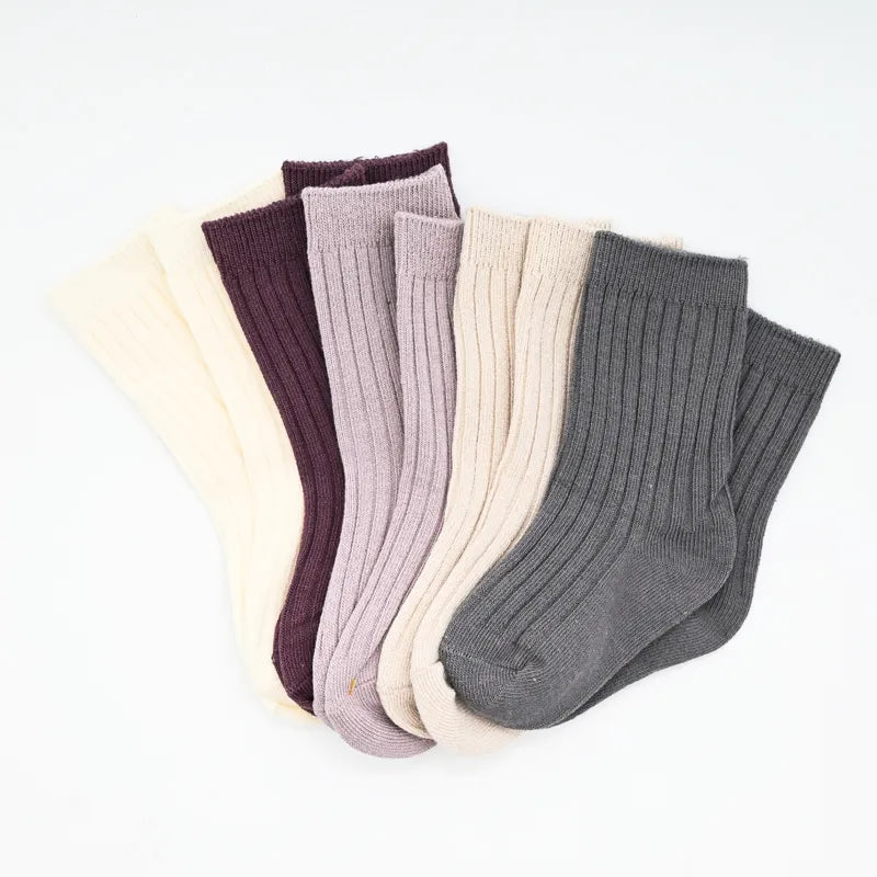 5 Pairs Ribbed Solid Cotton Toddler Knitted Socks