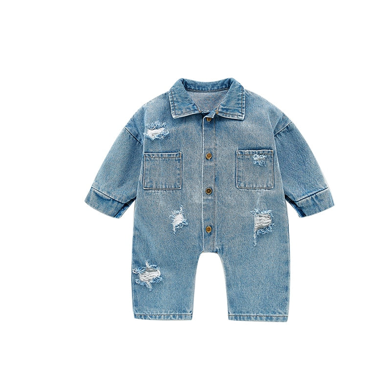 Long Sleeve Distress Denim Jumpsuit