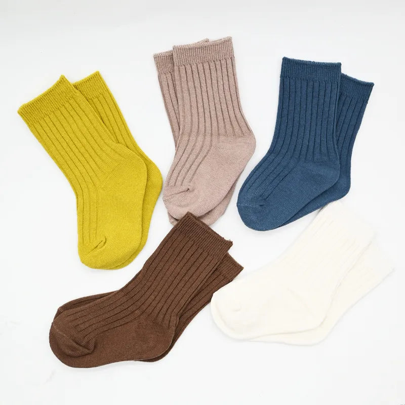 5 Pairs Ribbed Solid Cotton Toddler Knitted Socks