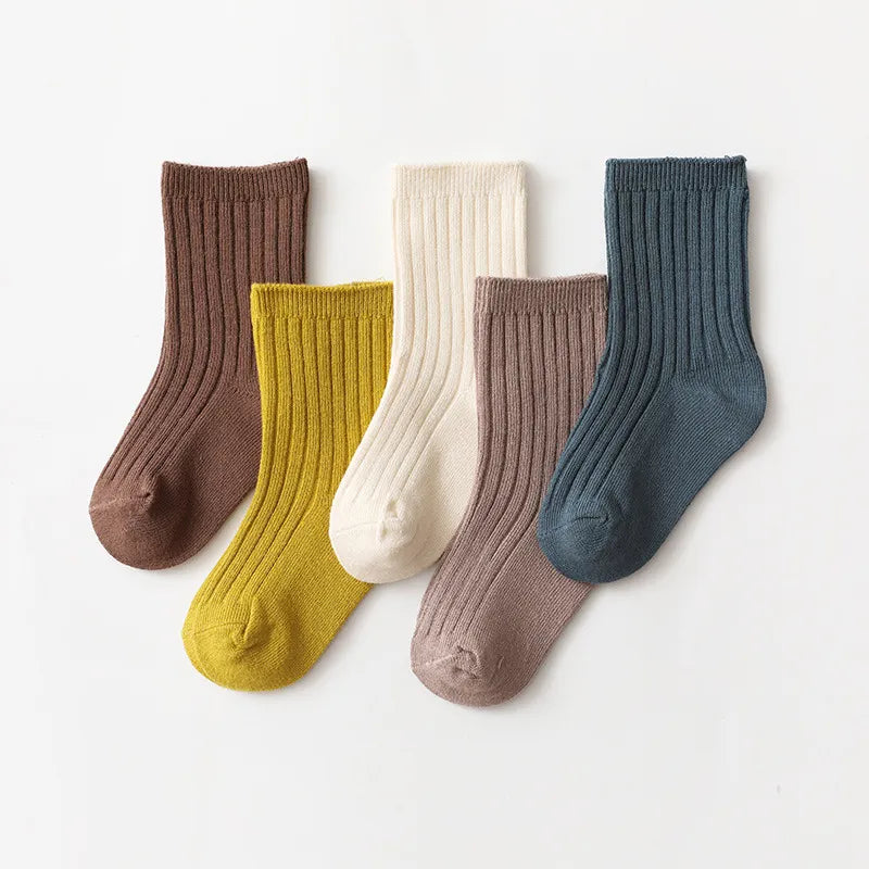 5 Pairs Ribbed Solid Cotton Toddler Knitted Socks