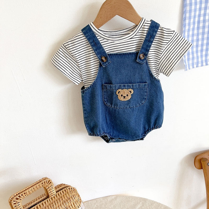Teddy Bear Denim Jumpsuit with Striped Top Set