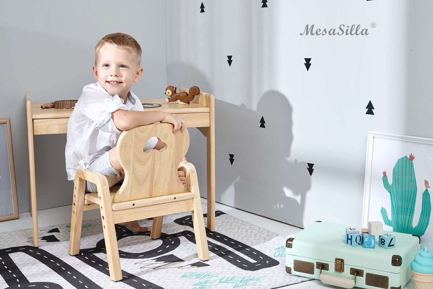 Mesasilla Primary Adjustable Table Set - with drawer-Bear Elephant Car Rabbit Star - Height Adjustable