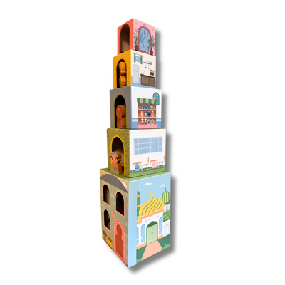 Stacking Houses (Set of 5 Houses and 3 Hardwood Characters)
