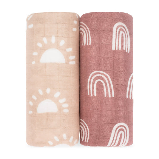 Muslin Swaddle Blanket, 2 Pack by Comfy Cubs - Sun & Rainbow