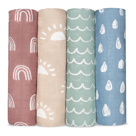 Muslin Swaddle Blankets, 4 Pack by Comfy Cubs - Sun, Rainbow, Rain & Doodle
