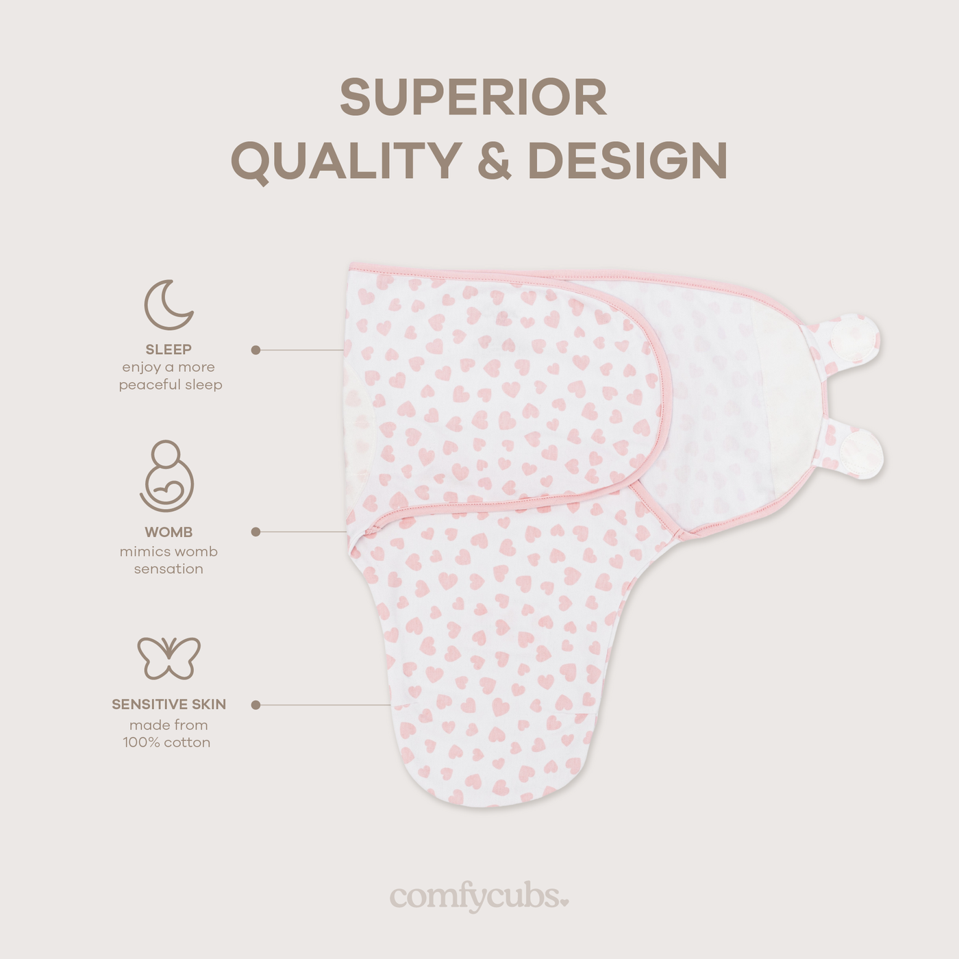 Easy Swaddle Blankets by Comfy Cubs - Pink Heart, Pack of 1