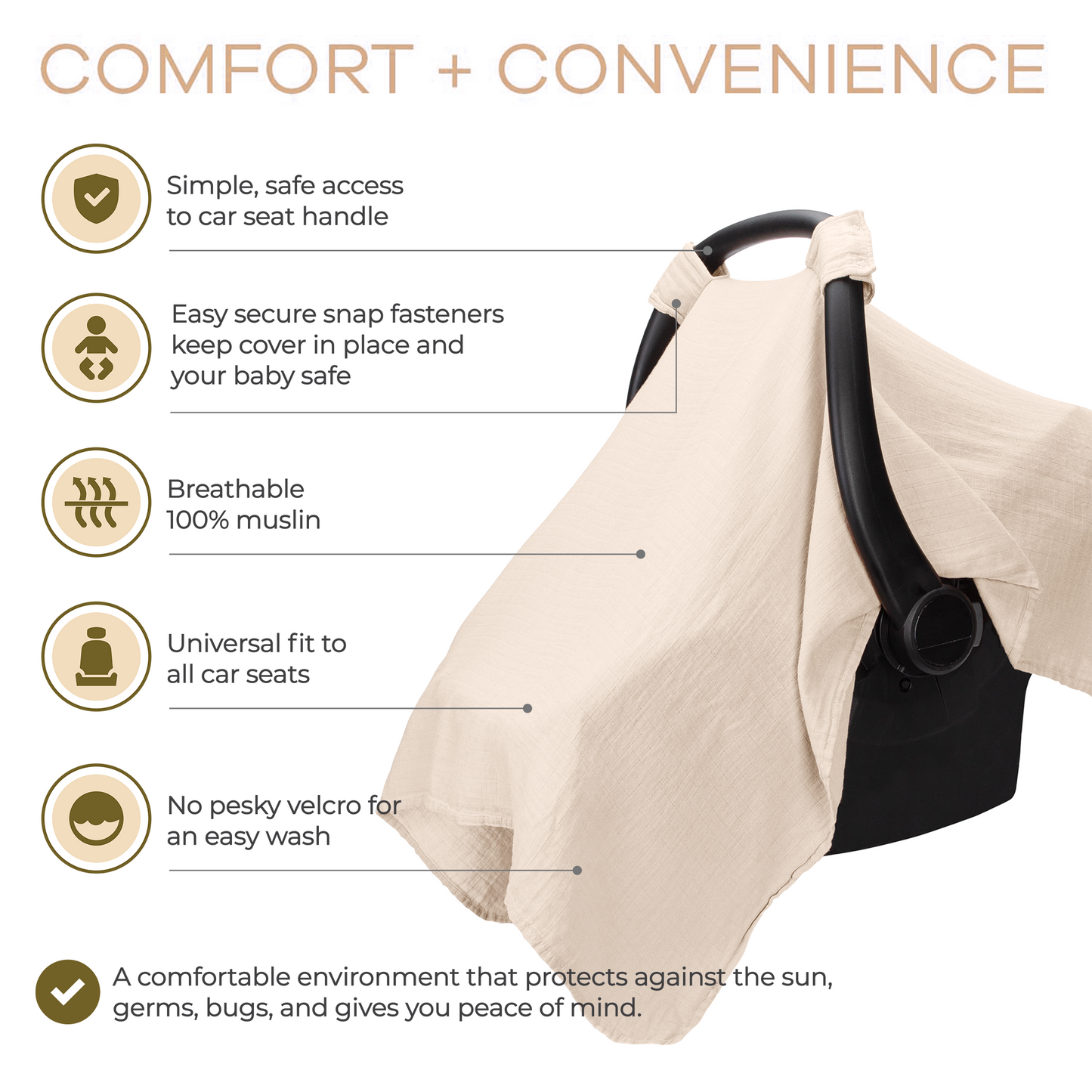 Baby Car Seat Cover by Comfy Cubs - Sand