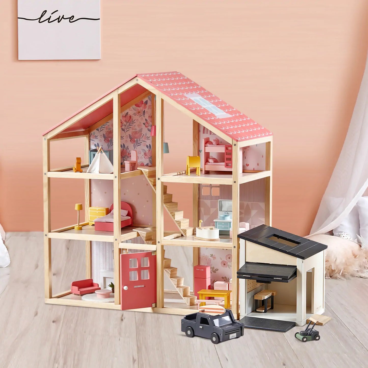Tiny Land® Wooden Dollhouse - Garage - Kidtoycart