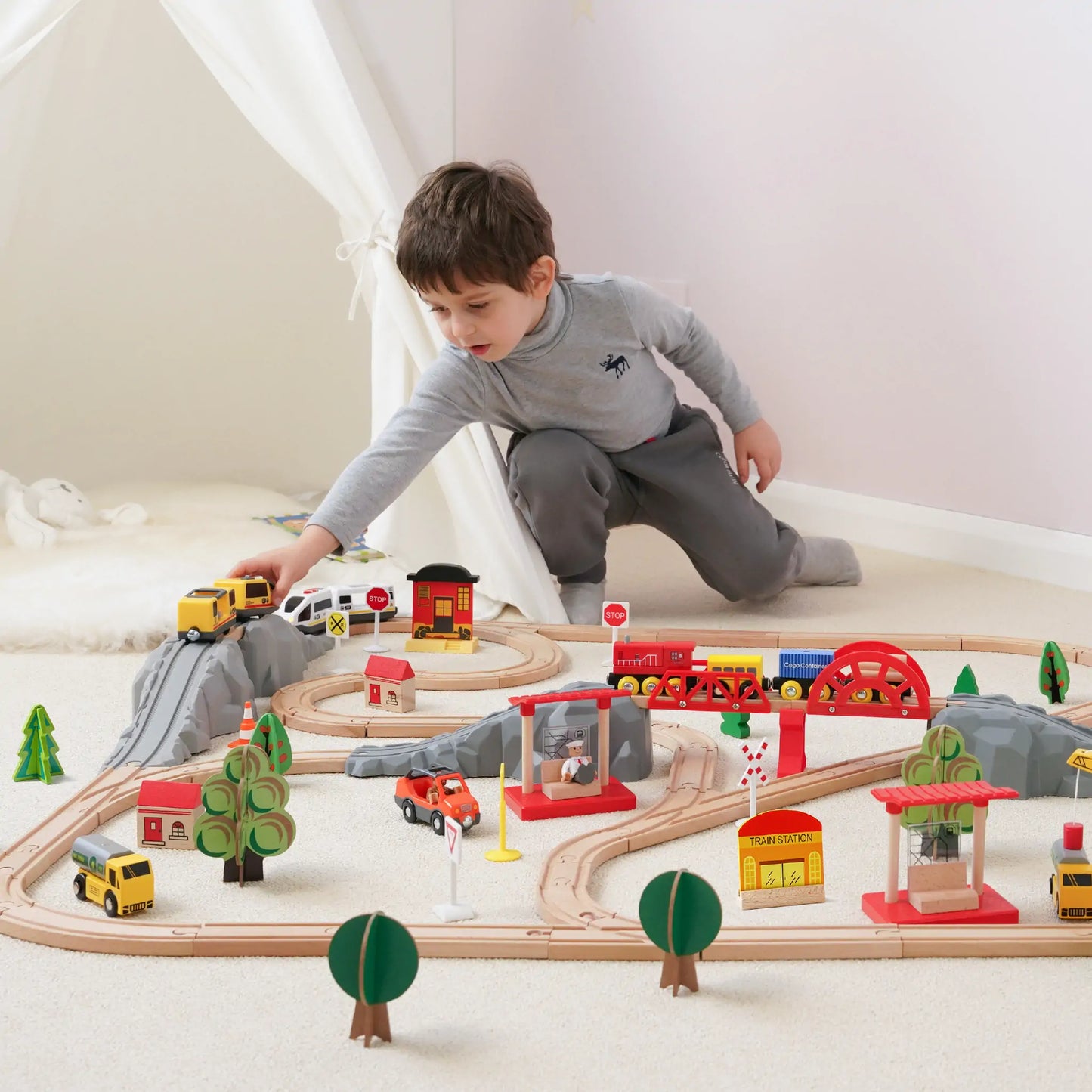 Tiny Land® Wooden Track Trains 55 Pcs - Kidtoycart