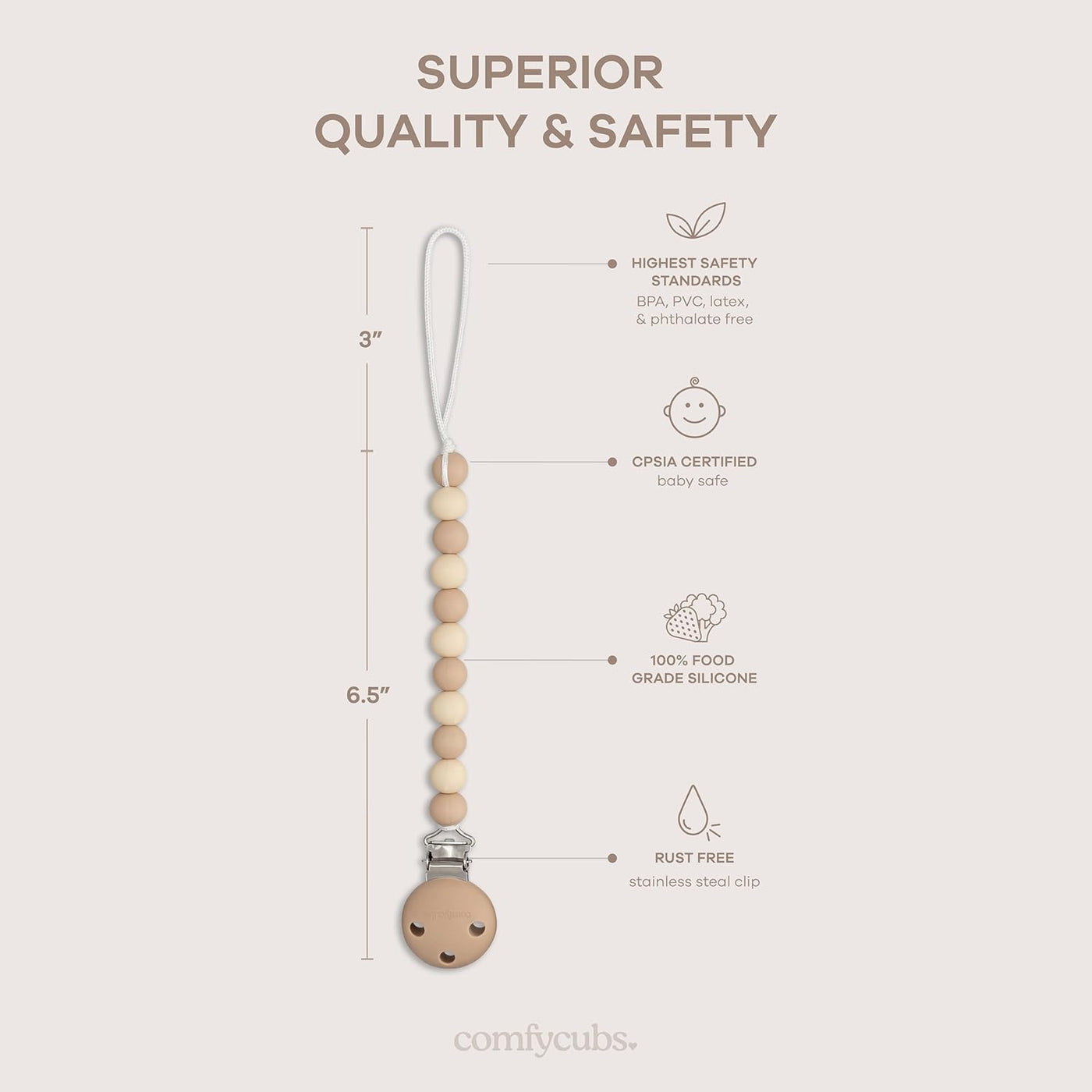 Pacifier Clips, 2 Pack by Comfy Cubs - Beige, Light Beige, & White