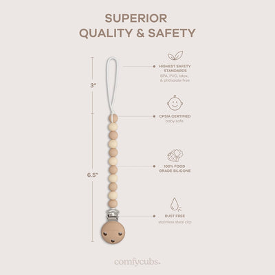 Pacifier Clips, 2 Pack by Comfy Cubs - Beige, Light Beige, & White