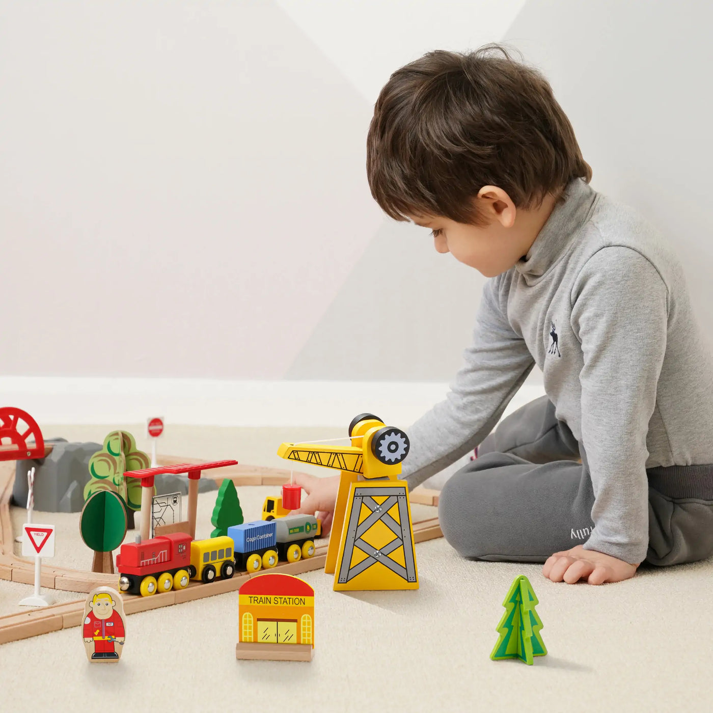 Tiny Land® Wooden Track Trains 55 Pcs - Kidtoycart