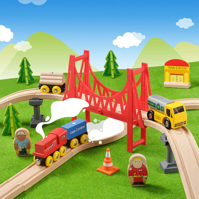 Tiny Land® Wooden Track Trains 55 Pcs - Kidtoycart