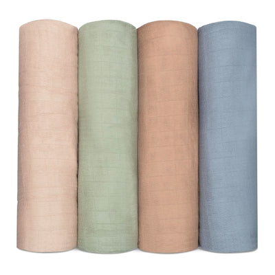 Muslin Swaddle Blankets, 4 Pack by Comfy Cubs - Pacific, Cedar, Sage, Blush