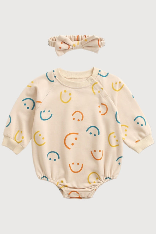 Mini Smile Cotton Bodysuit With Headband