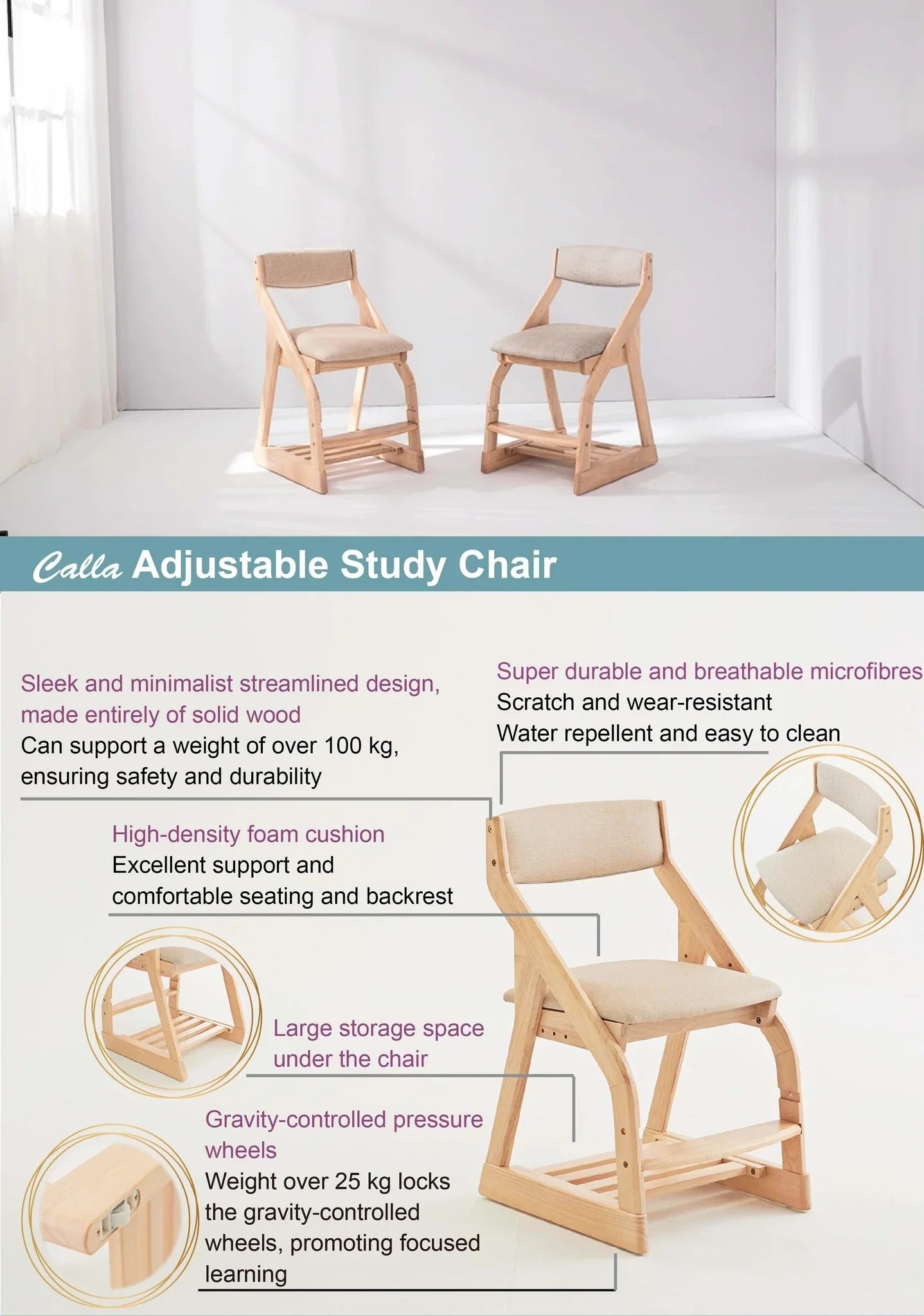Calla Adjustable Solid Wood Chair for Kids - 4 Height Settings, Easy-to-Clean Fabric