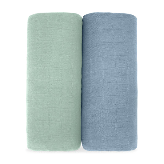 Muslin Swaddle Blanket, 2 Pack by Comfy Cubs - Pacific Blue & Fern