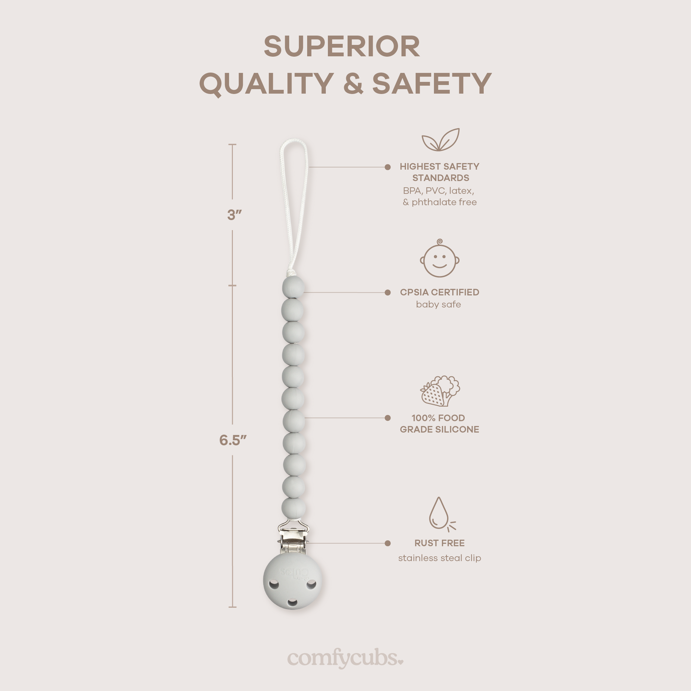 Pacifier Clips, 2 Pack by Comfy Cubs - Grey