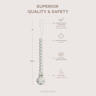 Pacifier Clips, 2 Pack by Comfy Cubs - Grey