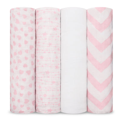 Muslin Swaddle Blankets, 4 Pack by Comfy Cubs - Pink