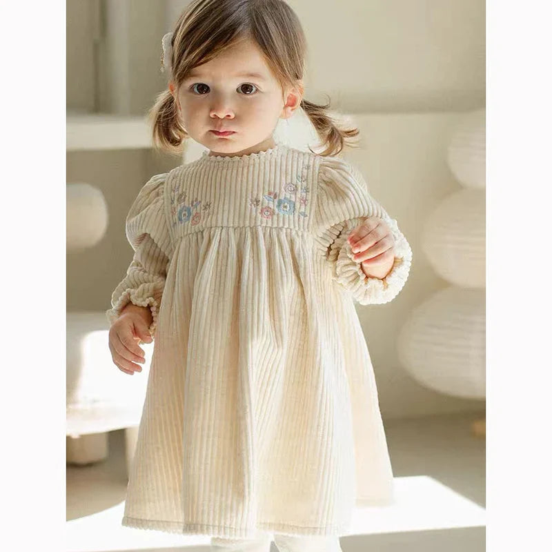 Corduroy Flower Embroidered Dress