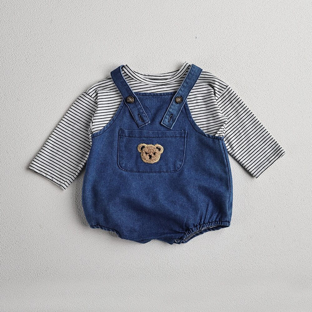 Teddy Bear Denim Jumpsuit with Striped Top Set