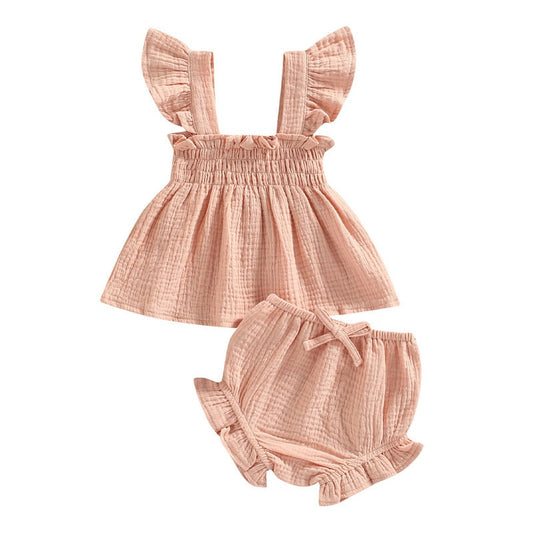 Solid Cotton Square Neck Fly Sleeve Romper Set