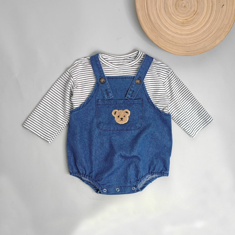 Teddy Bear Denim Jumpsuit with Striped Top Set
