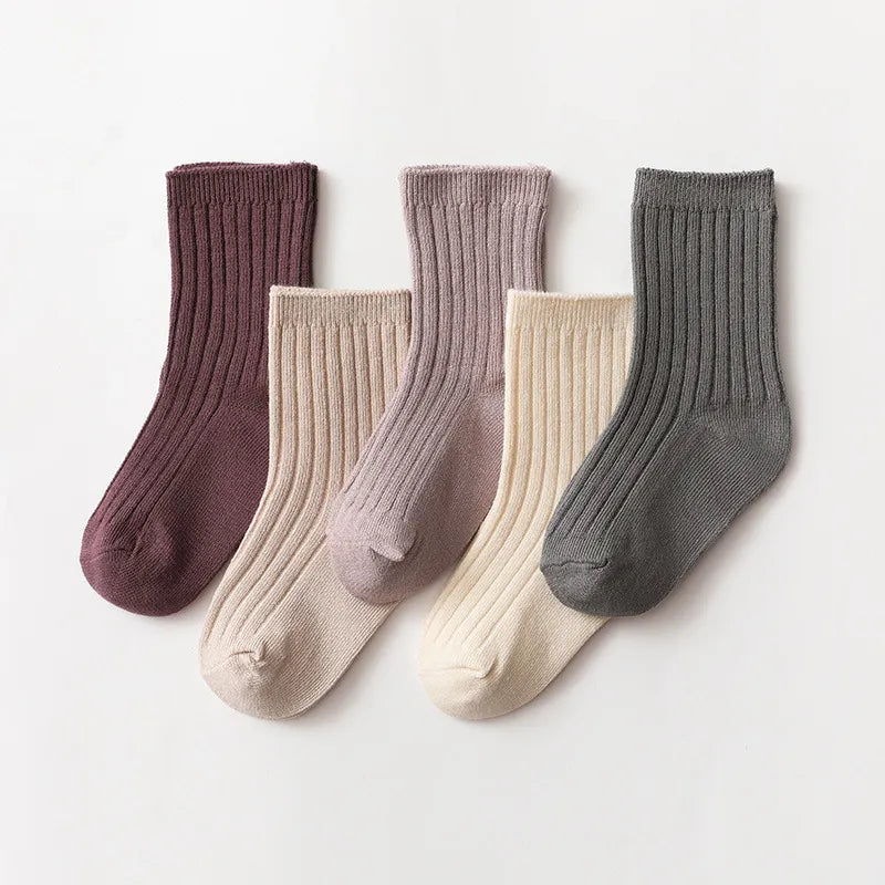 5 Pairs Ribbed Solid Cotton Toddler Knitted Socks