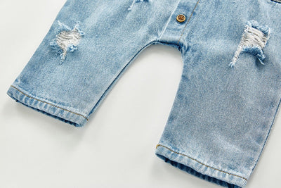 Long Sleeve Distress Denim Jumpsuit