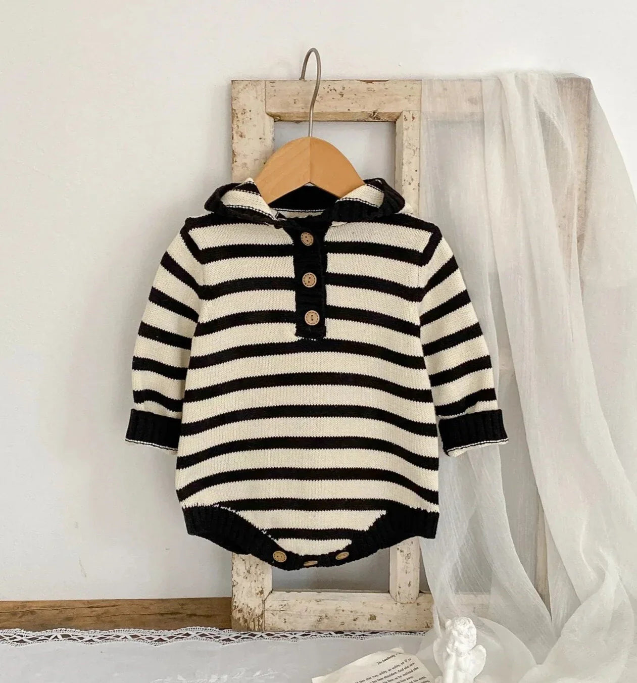 Boys Striped Button Up Long Sleeve Hooded Bodysuit