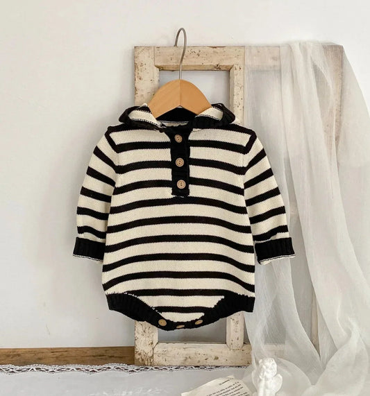 Boys Striped Button Up Long Sleeve Hooded Bodysuit