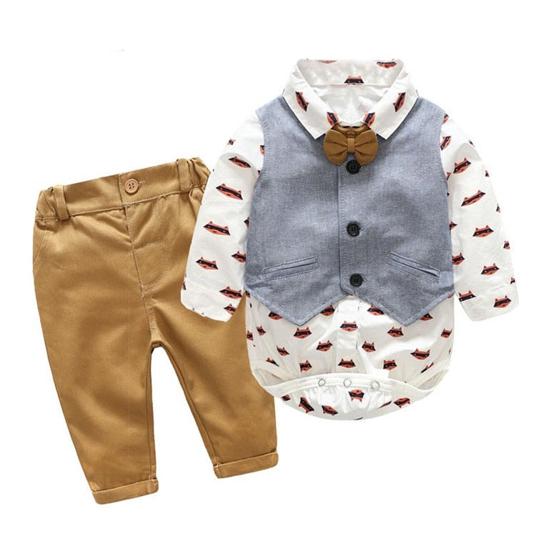 Fox Print Long Sleeve Shirt, Vest and Pants Bowtie Set