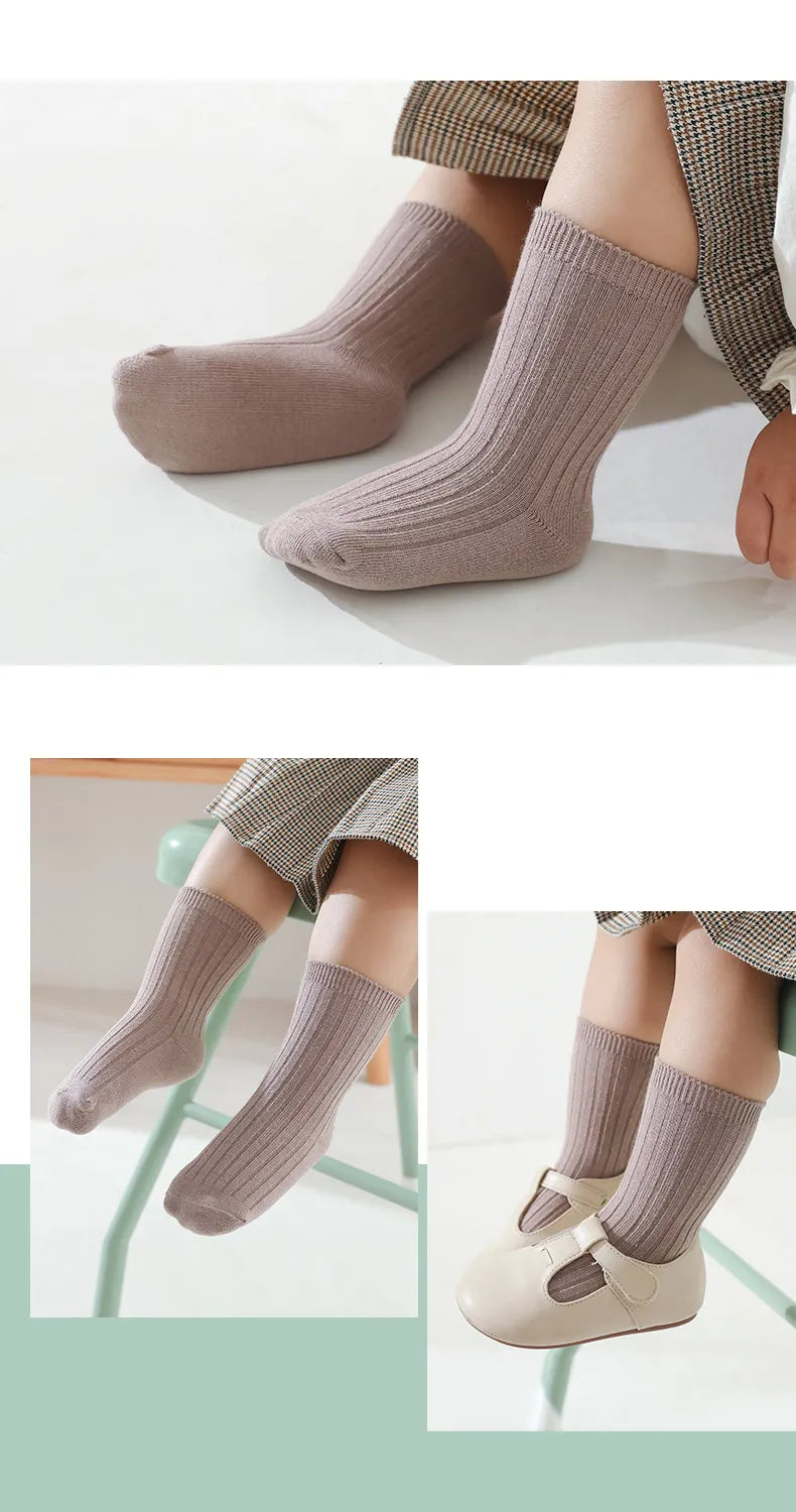 5 Pairs Ribbed Solid Cotton Toddler Knitted Socks