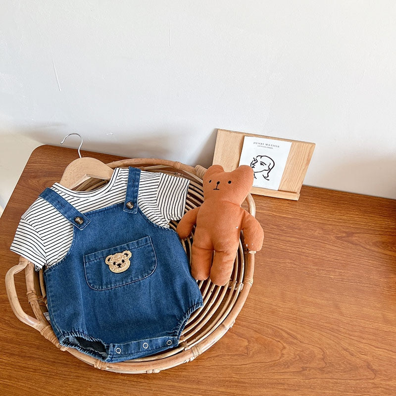 Teddy Bear Denim Jumpsuit with Striped Top Set