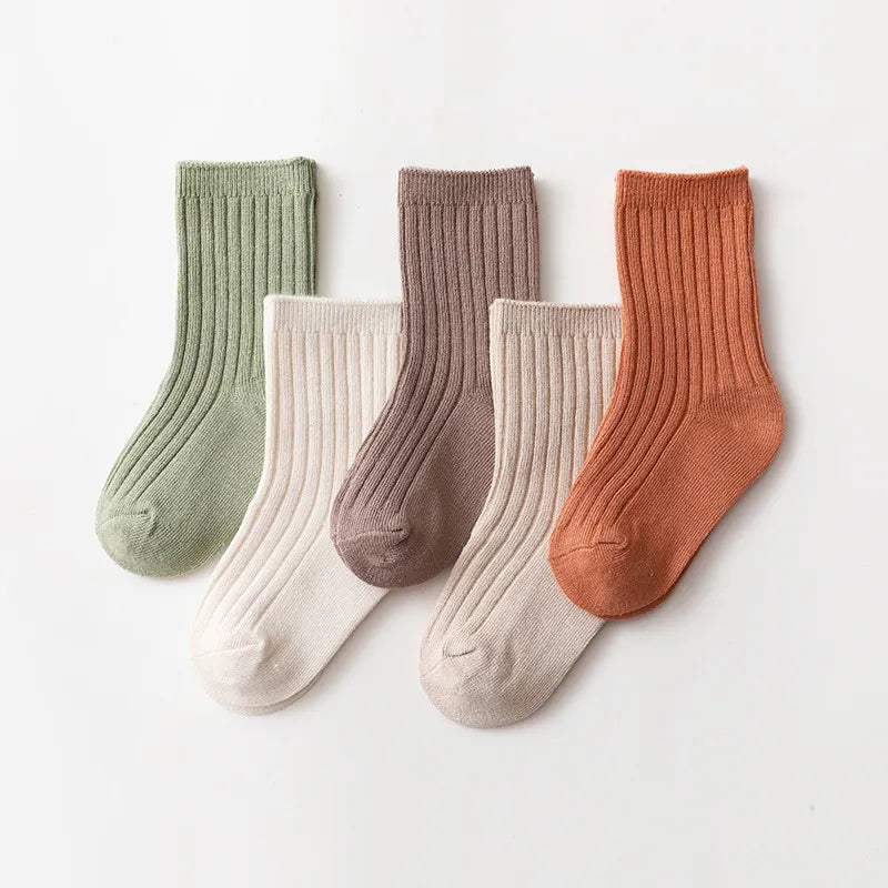5 Pairs Ribbed Solid Cotton Toddler Knitted Socks